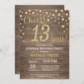 Rustic Wood Gold Überraschung 13. Geburtstag Diama Einladung (Vorne/Hinten)