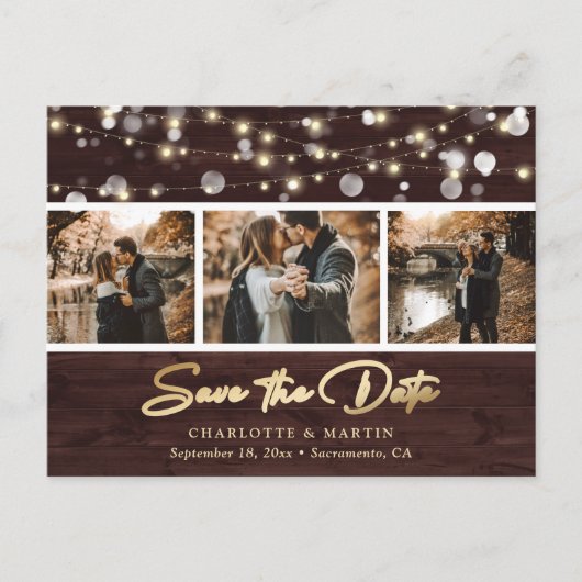Rustic Wood Gold Wedding Foto Save the Date Ankündigungspostkarte (Vorderseite)