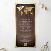 Rustic Wood Gold World Map QR Code Photo Wedding Dreifach Gefaltete Einladung (Innenseite)