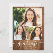 Rustic wood graduate script 4 Fotos Abschluss Einladung (Vorderseite)