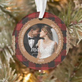 Rustic Wood Grain Plaid First Christmas Married  Ornament