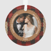 Rustic Wood Grain Plaid First Christmas Married  Ornament (Rückseite)