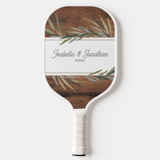 Rustic Wood Grain Wedelname Date Custom Pickleball Schläger (Rückseite)