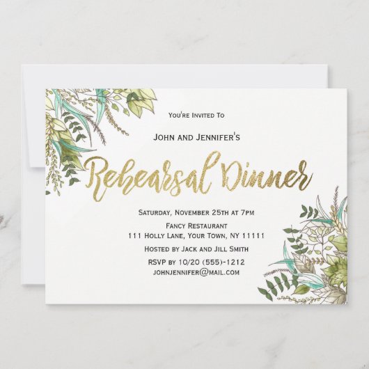 Rustic Wood Green Leaf Gold Probe Dinner Einladung (Vorderseite)