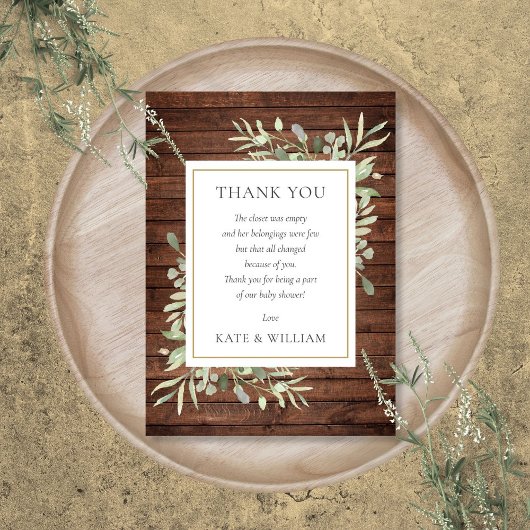 Rustic Wood Greenery Baby Shower Gedicht Dankeskarte
