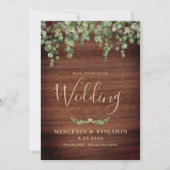 Rustic Wood Greenery Gold QR Code Wedding Einladung (Vorderseite)