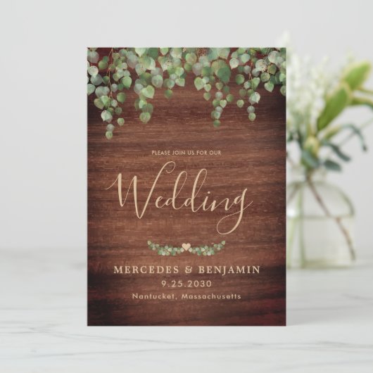 Rustic Wood Greenery Gold QR Code Wedding Einladung (Stehend Vorderseite)
