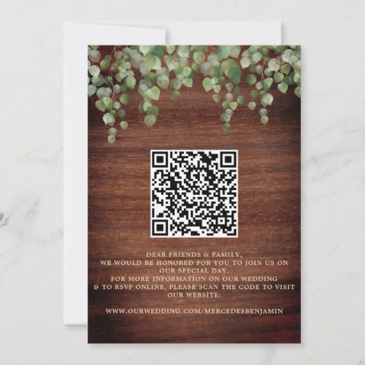Rustic Wood Greenery Gold QR Code Wedding Einladung (Rückseite)