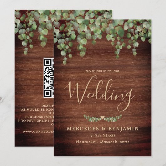 Rustic Wood Greenery Gold QR Code Wedding Einladung (Vorne/Hinten)