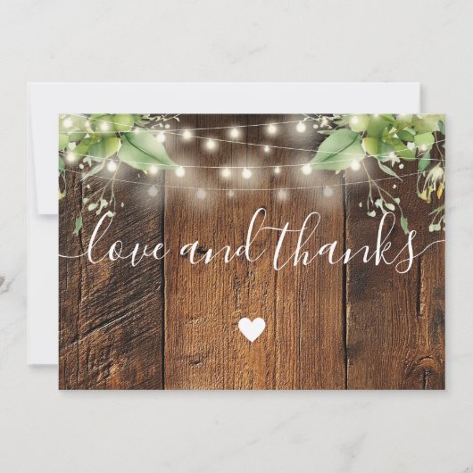 Rustic Wood Greenery String Lights Wedding Photo Dankeskarte (Vorderseite)