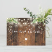 Rustic Wood Greenery String Lights Wedding Photo Dankeskarte (Stehend Vorderseite)