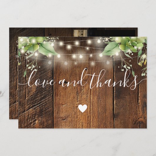 Rustic Wood Greenery String Lights Wedding Photo Dankeskarte (Vorne/Hinten)