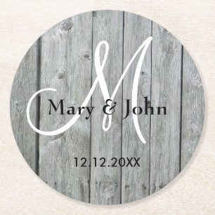 Rustic Wood Grey Wedding Monogram Runder Pappuntersetzer