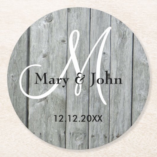Rustic Wood Grey Wedding Monogram Runder Pappuntersetzer (Vorderseite)