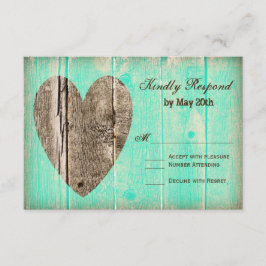 Rustic Wood Heart Aqua Country Wedding RSVP Karten