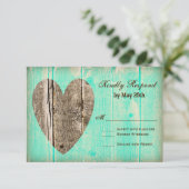 Rustic Wood Heart Aqua Country Wedding RSVP Karten (Stehend Vorderseite)