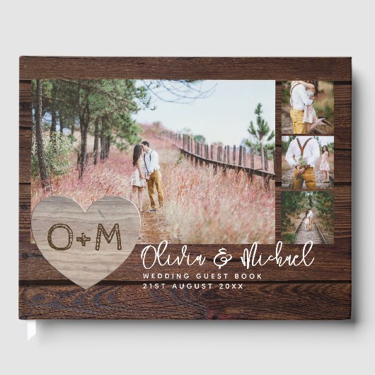 Rustic Wood Heart FOTO Collage Newlyweds Wedding Gästebuch (Vorderseite)