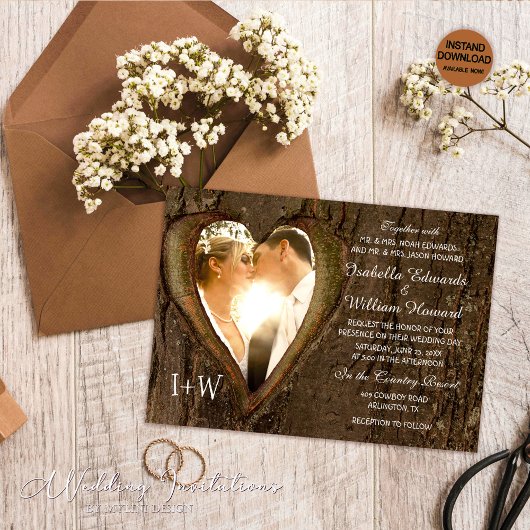 Rustic Wood Heart Foto Wedding Einladung