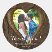 Rustic Wood Heart Foto Wedding Vielen Dank Runder Aufkleber (Vorderseite)