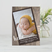 Rustic Wood Hello Birth Ankündigung (Stehend Vorderseite)