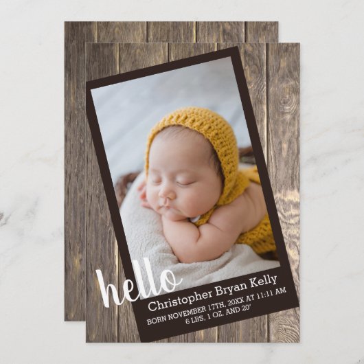 Rustic Wood Hello Birth Ankündigung (Vorne/Hinten)