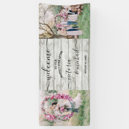 Rustic Wood Hochzeitsbild Foto Willkommen Banner (Vertikal)