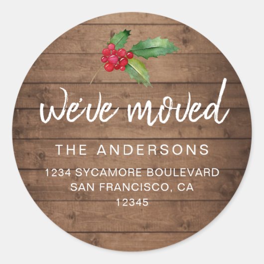 Rustic Wood Holly We’ve Moved Holiday Runder Aufkleber (Vorderseite)