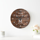 Rustic Wood Home Sweet Home Monogram Family Große Wanduhr (Zuhause)