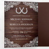 Rustic Wood Horseshoes Lace Wedding Foto Dreifach Gefaltete Einladung (Innen Erste Seite)