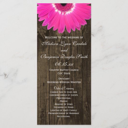 Rustic Wood Hot Pink Gerber Daisy Hochzeitsprogram Programm (Vorderseite)