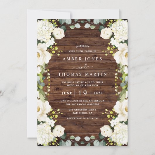 Rustic Wood Ivory White Floral Elegant Wedding  Einladung (Vorderseite)