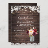 Rustic Wood Lace Burgundy Blush Mason Jar Wedding Einladung (Vorne/Hinten)