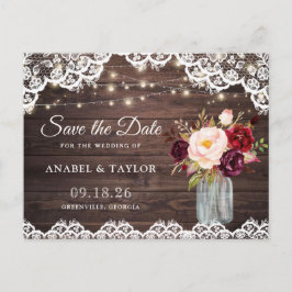 Rustic Wood Lace Burgundy Mason Jar Save the Date Ankündigungspostkarte