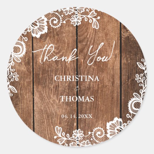 Rustic Wood Lace Country Braun Wedding Vielen Dank Runder Aufkleber (Vorderseite)