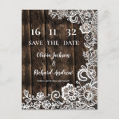 Rustic Wood Lace Floral Wedding Save the Date Postkarte (Vorderseite)