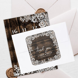 Rustic Wood Lace Floral Wedding Thank You Quadratischer Aufkleber