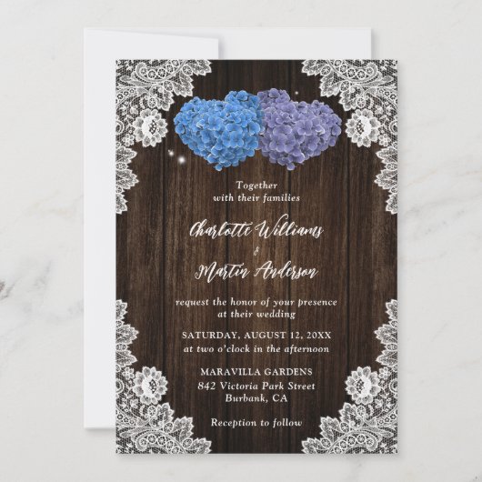 Rustic Wood Lace Purple and Blue Floral Wedding Einladung (Vorderseite)