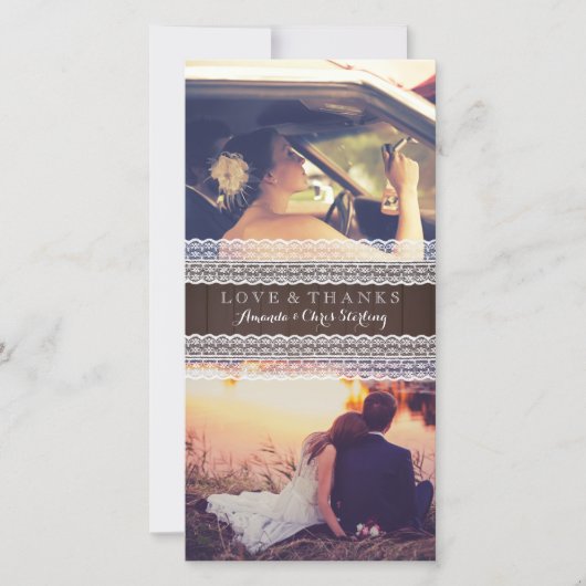 Rustic Wood & Lace Wedding Foto Vielen Dank Dankeskarte (Vorderseite)