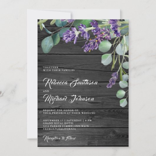 Rustic Wood Lavender Eucalyptus QR Code Wedding Einladung (Vorderseite)