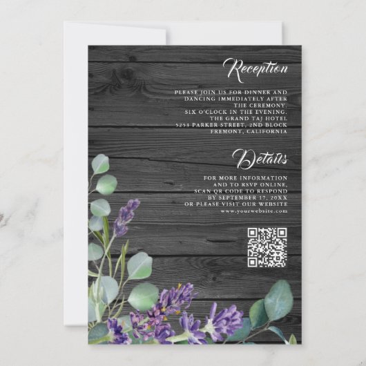 Rustic Wood Lavender Eucalyptus QR Code Wedding Einladung (Rückseite)