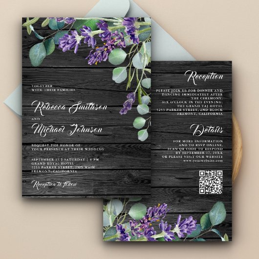 Rustic Wood Lavender Eucalyptus QR Code Wedding Einladung