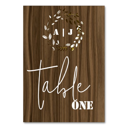 Rustic Wood Leaf Wreath Wedding Tischnummer (Vorderseite)