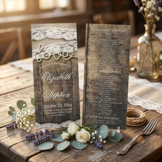 Rustic Wood Liebe Rope Burlap Lace Wedding Program Programm