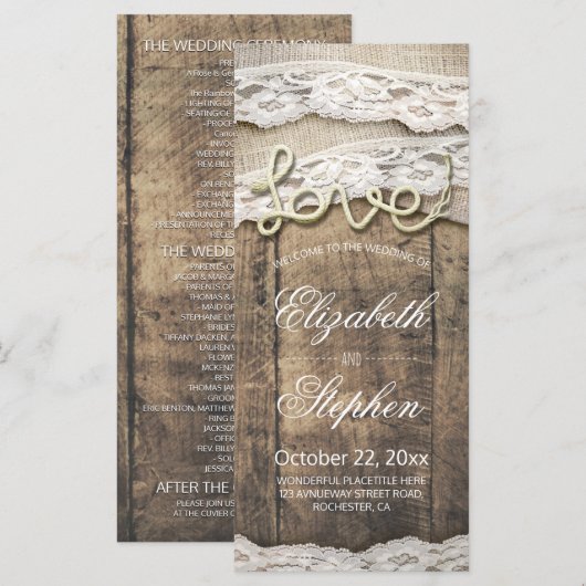 Rustic Wood Liebe Rope Burlap Lace Wedding Program Programm (Vorne/Hinten)