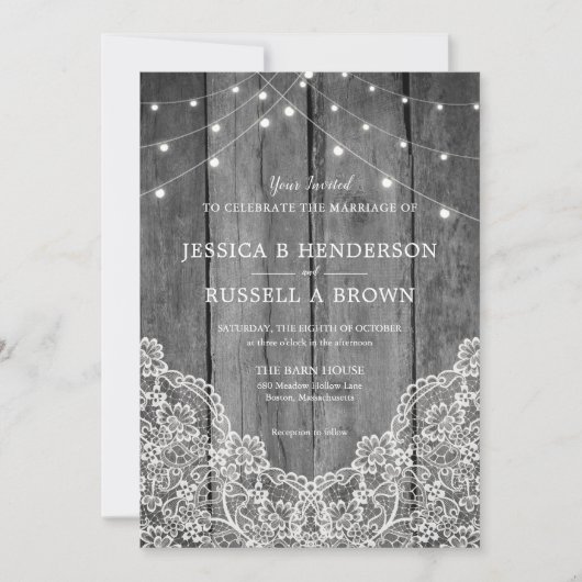 Rustic Wood Light Lace B&W Wedding Einladung (Vorderseite)