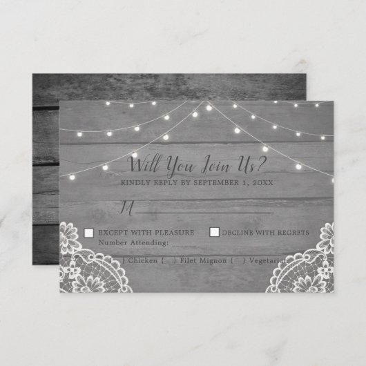 Rustic Wood Light Lace Wedding RSVP Card (Vorne/Hinten)