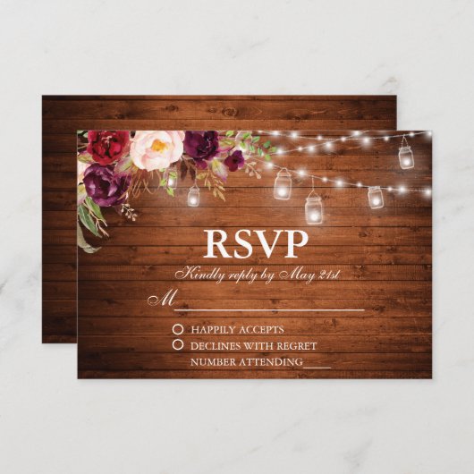 Rustic Wood Lights Jars Floral Wedding RSVP (Vorne/Hinten)