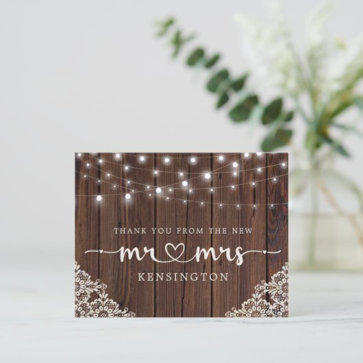 Rustic Wood Lights Lace New Mr. Vielen Dank Postc Dankeskarte (Stehend Vorderseite)