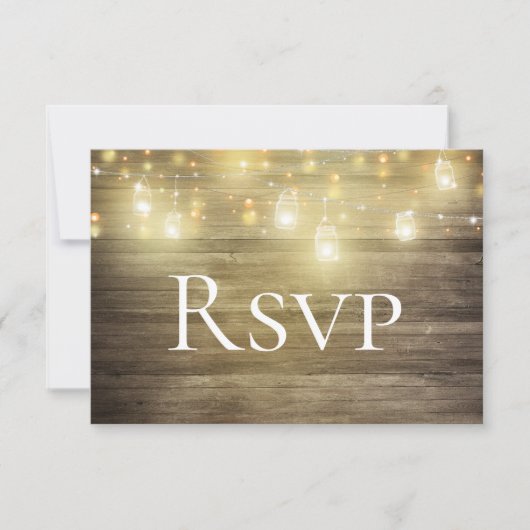 Rustic Wood & Lights Mason Jar RSVP Card Save The Date (Vorderseite)