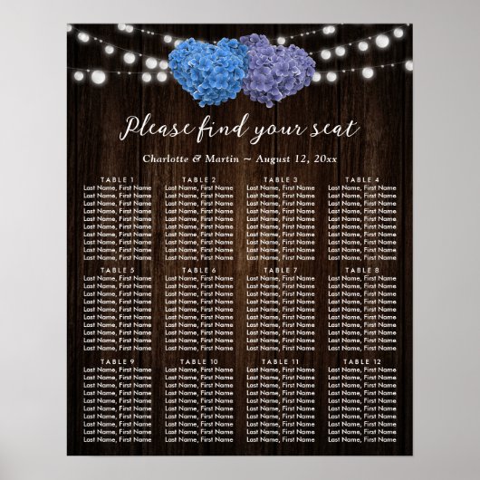 Rustic Wood Lila Blue Wedding Seating Chart 12 Poster (Vorne)